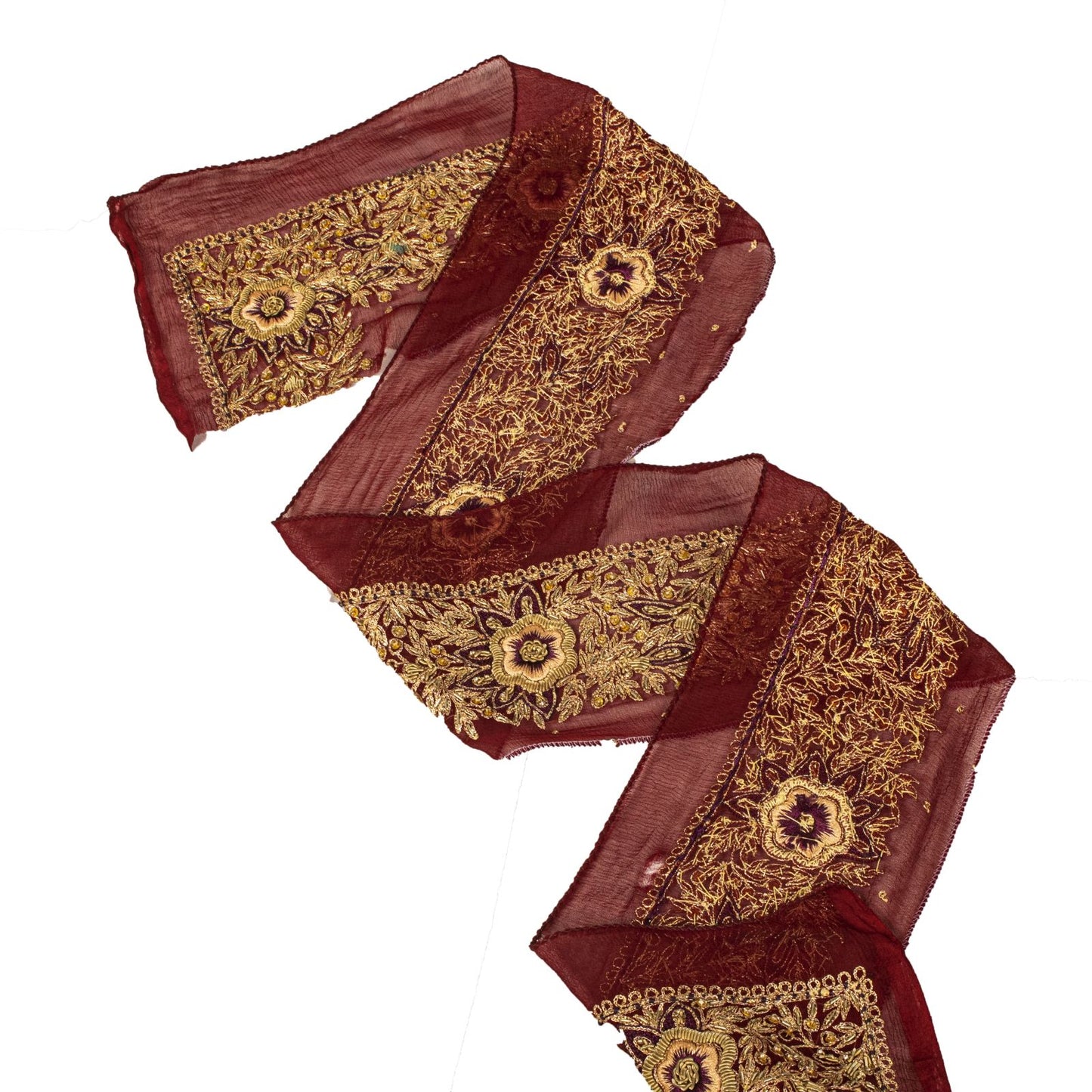 Sanskriti Vintage 1Yd 4.2"W Sari Border Maroon Pure Chiffon Hand Embroidery Lace