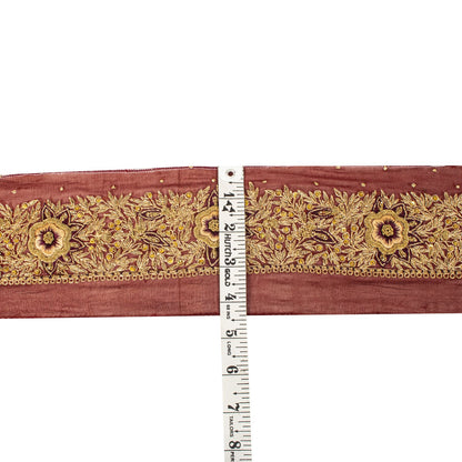 Sanskriti Vintage 1Yd 4.2"W Sari Border Maroon Pure Chiffon Hand Embroidery Lace