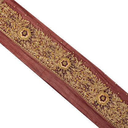 Sanskriti Vintage 1Yd 4.2"W Sari Border Maroon Pure Chiffon Hand Embroidery Lace