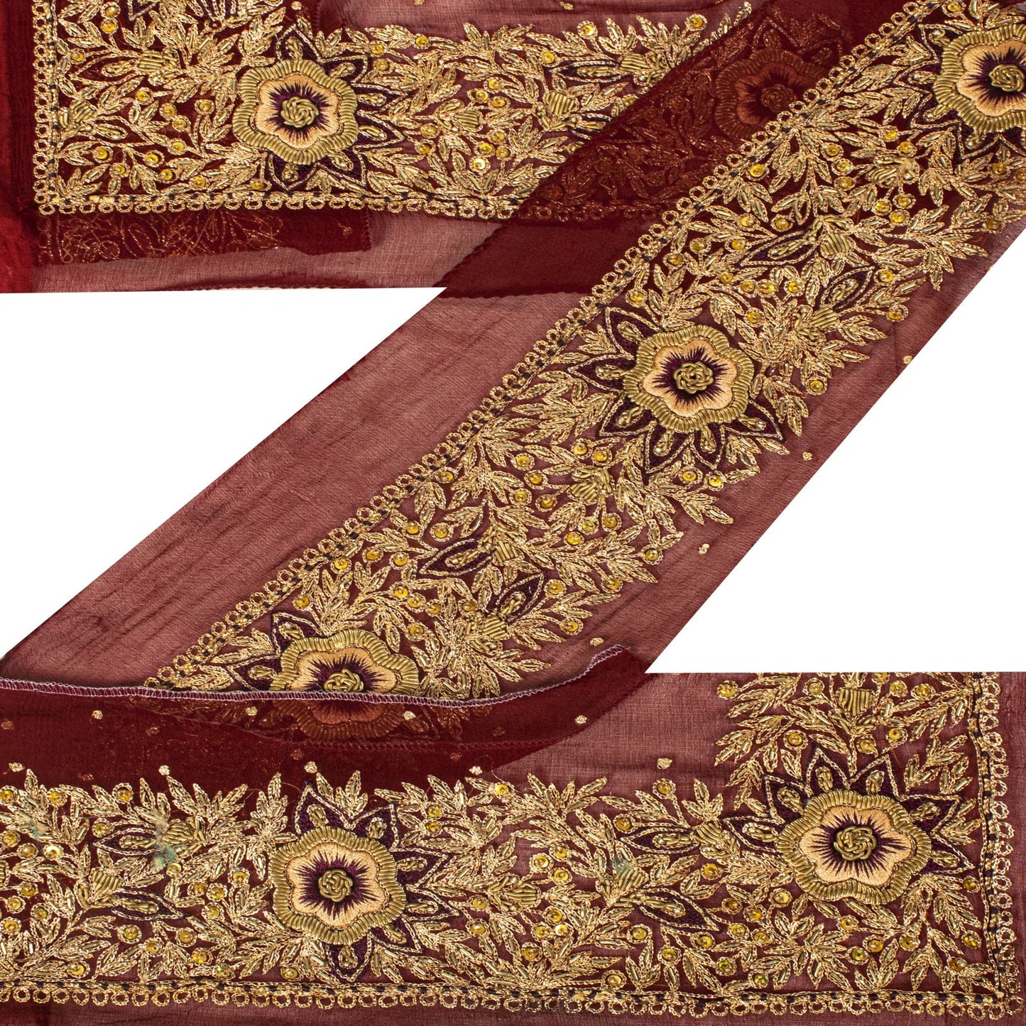 Sanskriti Vintage 1Yd 4.2"W Sari Border Maroon Pure Chiffon Hand Embroidery Lace