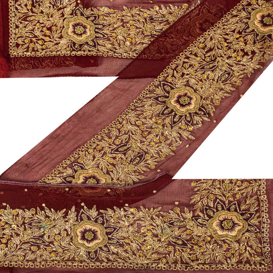 Sanskriti Vintage 1Yd 4.2"W Sari Border Maroon Pure Chiffon Hand Embroidery Lace