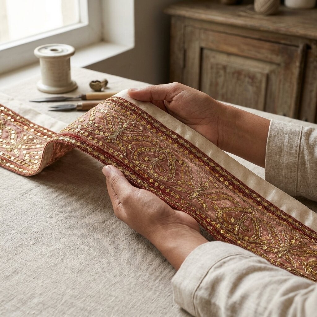 Sanskriti Vintage 1YD 4.2"W Sari Border Red Pure Georgette EmbroideredCraft Lace
