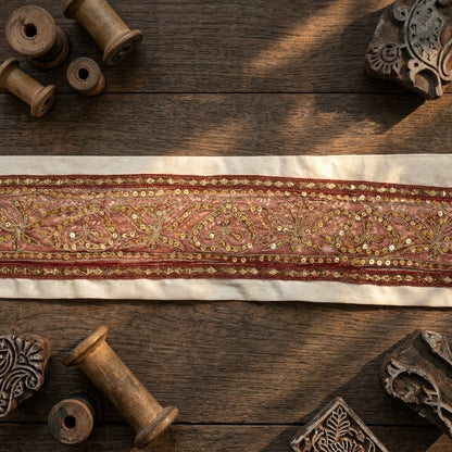 Sanskriti Vintage 1YD 4.2"W Sari Border Red Pure Georgette EmbroideredCraft Lace