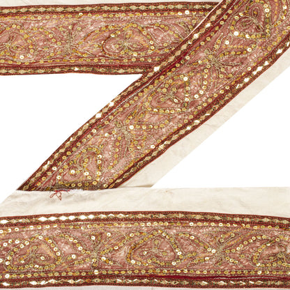 Sanskriti Vintage 1YD 4.2"W Sari Border Red Pure Georgette EmbroideredCraft Lace