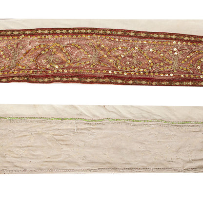 Sanskriti Vintage 1YD 4.2"W Sari Border Red Pure Georgette EmbroideredCraft Lace
