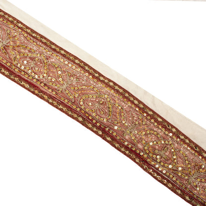 Sanskriti Vintage 1YD 4.2"W Sari Border Red Pure Georgette EmbroideredCraft Lace