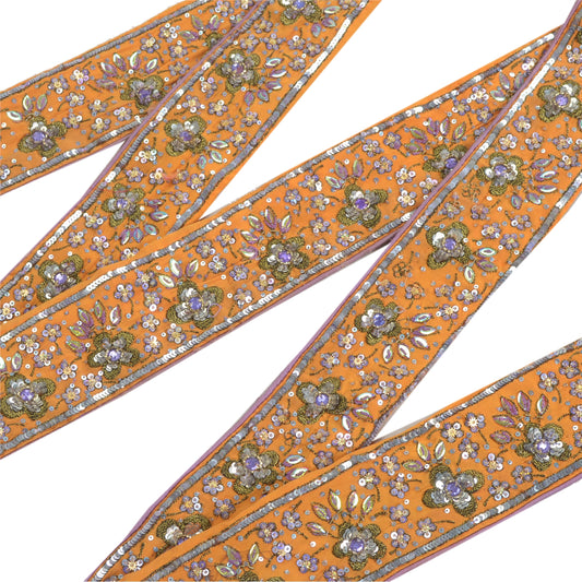 Sanskriti Vintage Sari Border Hand Beaded 1 Yd Indian Trim Sewing Orange Lace