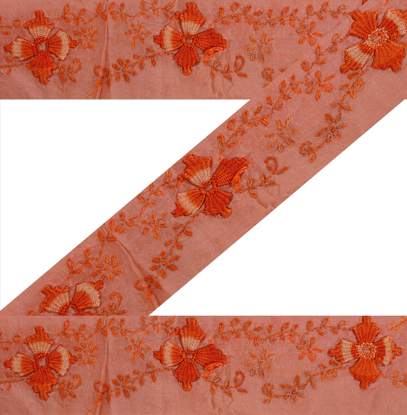 Sanskriti Vintage Saree Border Peach Pure Silk Hand Embroidered Craft 1Yd Sewing Sarees Trims 1.5W Sari Lace upholstery fabric