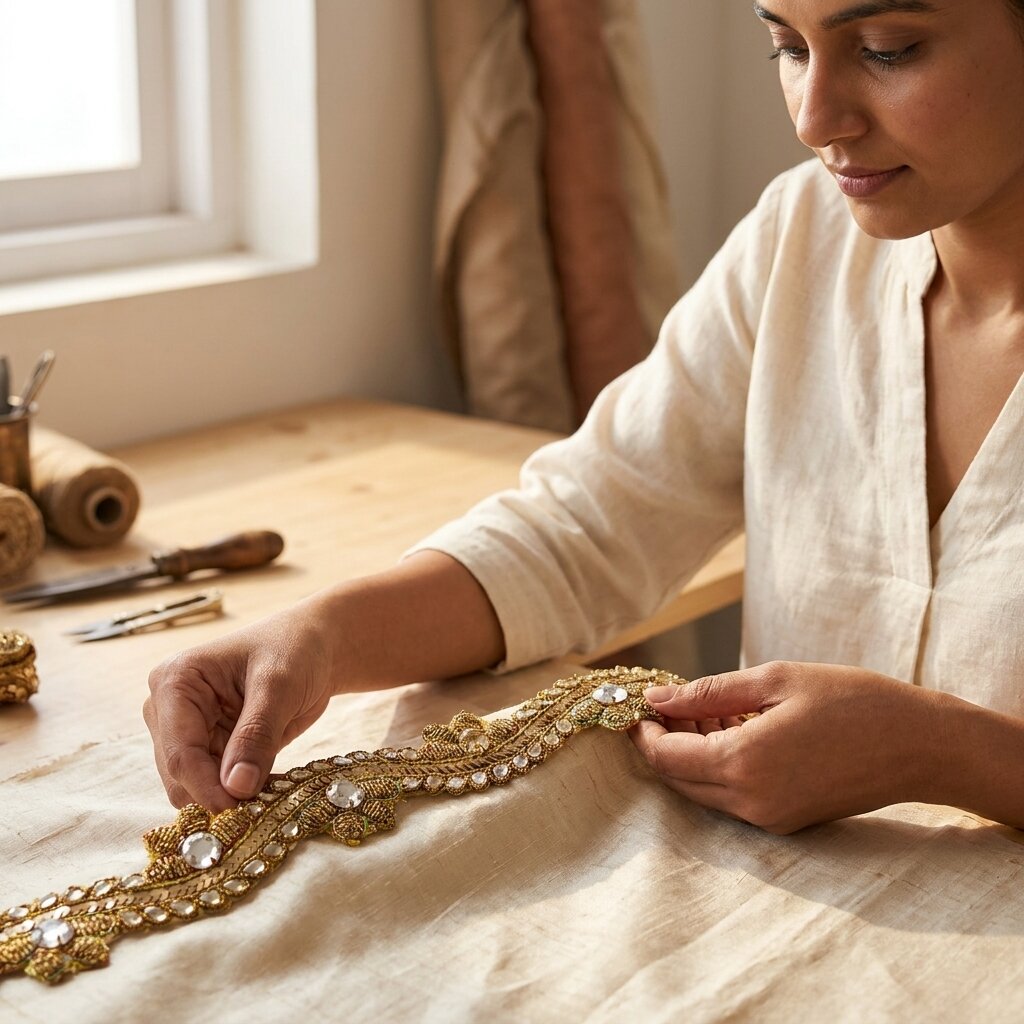 Sanskriti Vintage 1 YD 1"W Sari Border Golden Hand Embroidered Trim Craft Lace
