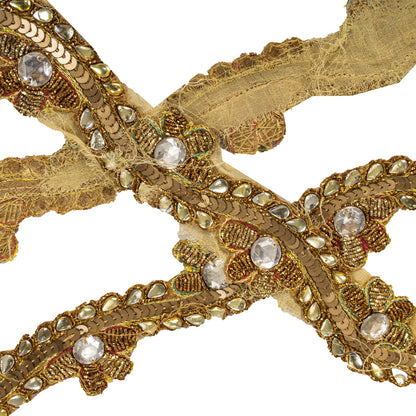 Sanskriti Vintage 1 YD 1"W Sari Border Golden Hand Embroidered Trim Craft Lace