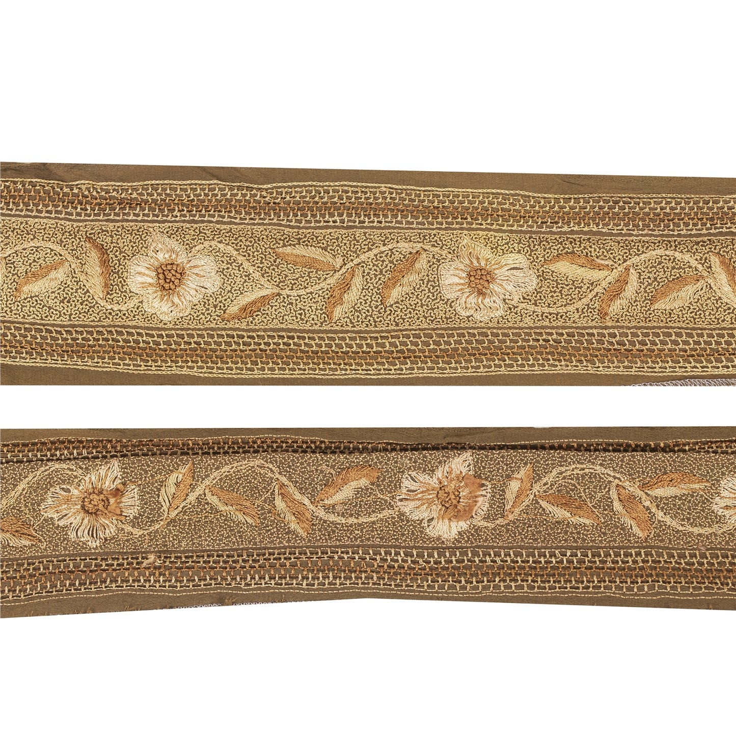 Sanskriti Vintage Saree Border Indian Trim Hand Embroidered 1Yd Craft Brown Lace