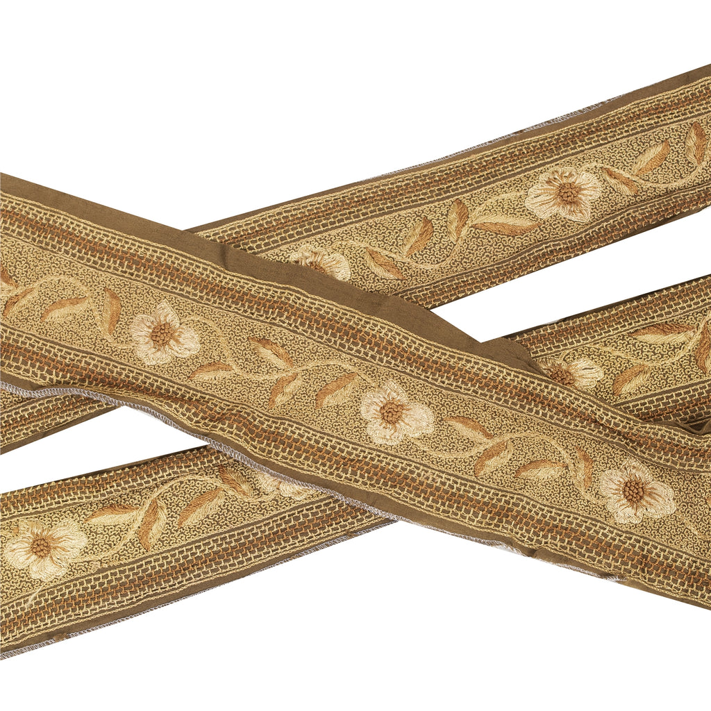 Sanskriti Vintage Saree Border Indian Trim Hand Embroidered 1Yd Craft Brown Lace