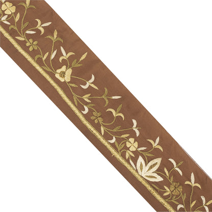 Sanskriti Vintage Sari Border Hand Embroidered Craft 1YD Brown Trims Lace Ribbon