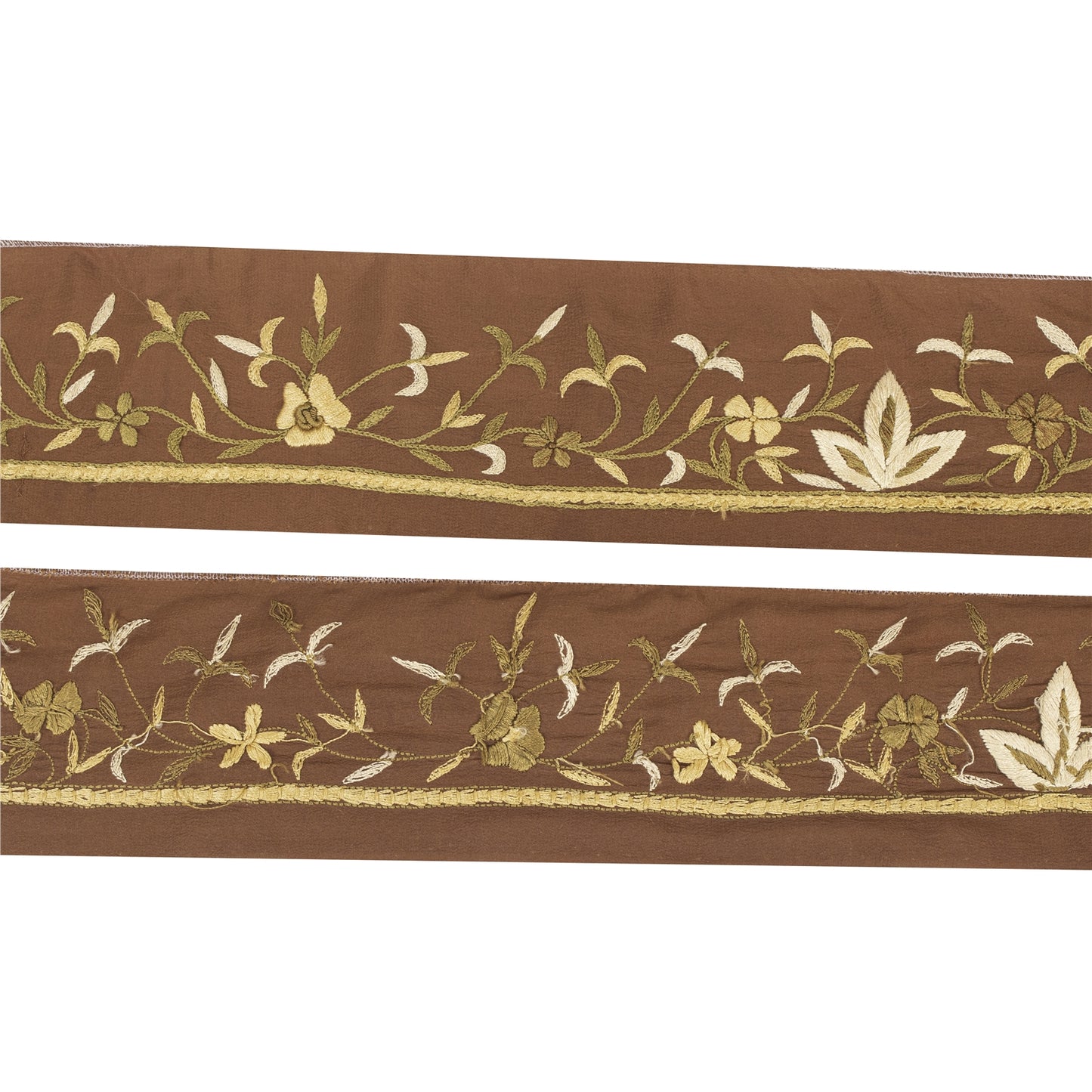 Sanskriti Vintage Sari Border Hand Embroidered Craft 1YD Brown Trims Lace Ribbon
