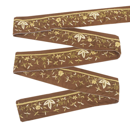 Sanskriti Vintage Sari Border Hand Embroidered Craft 1YD Brown Trims Lace Ribbon