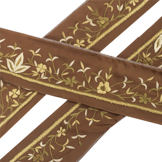 Sanskriti Vintage Sari Border Hand Embroidered Craft 1YD Brown Trims Lace Ribbon