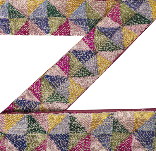 Sanskriti Vintage 1 Yard 3.2"W Sari Border Pure Silk Handmade Bagh Phulkari Lace