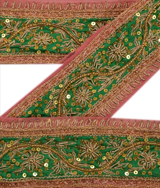Sanskriti Vintage Sari Border 1 YD Craft Pink Trim Hand Beaded Sewing Wrap Lace