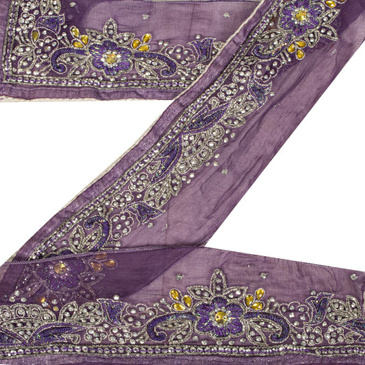 Sanskriti Vintage 1 Yard 3.5"W Sari Border Purple Pure Chiffon Hand Beaded Lace