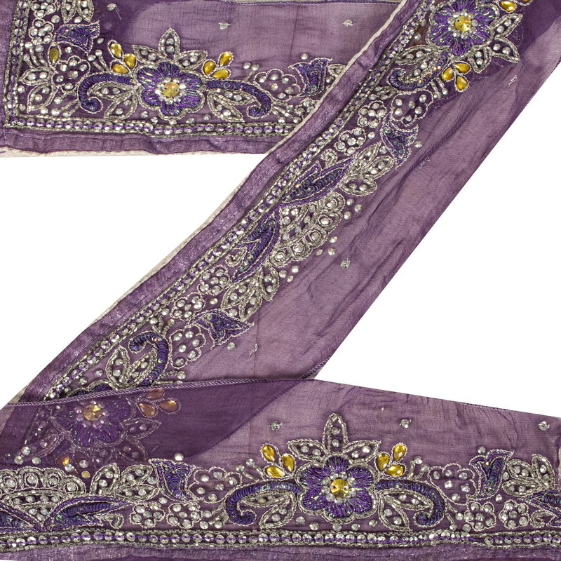 Sanskriti Vintage 1 Yard 3.5"W Sari Border Purple Pure Chiffon Hand Beaded Lace