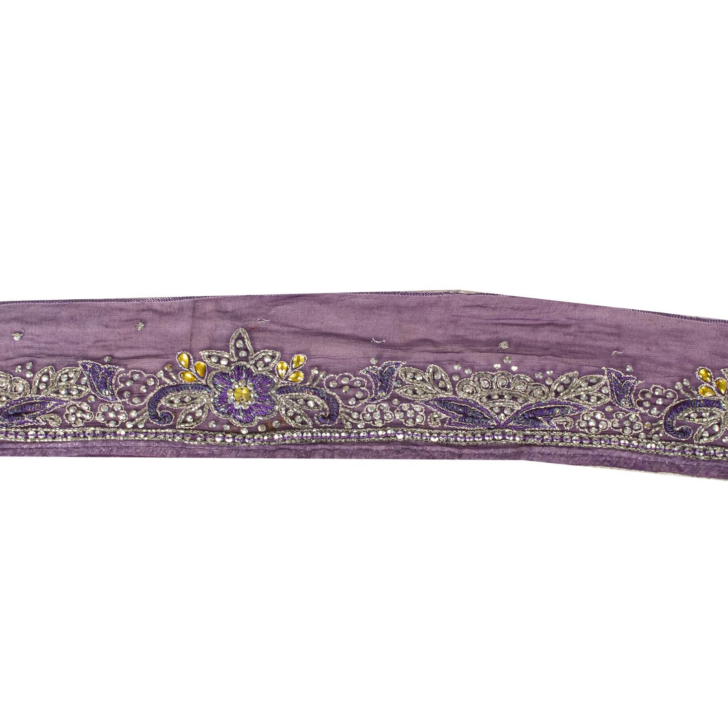 Sanskriti Vintage 1 Yard 3.5"W Sari Border Purple Pure Chiffon Hand Beaded Lace