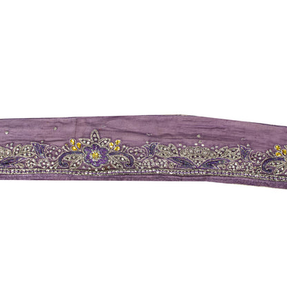 Sanskriti Vintage 1 Yard 3.5"W Sari Border Purple Pure Chiffon Hand Beaded Lace