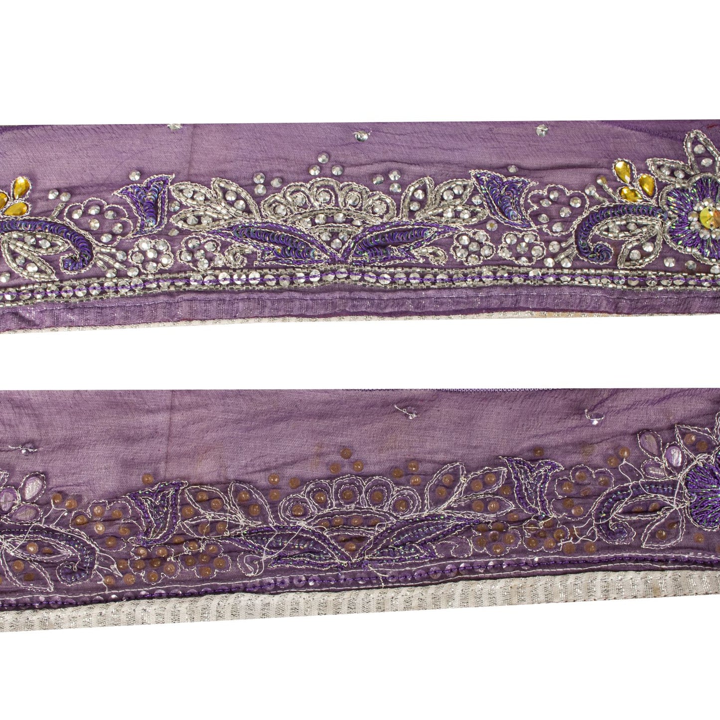 Sanskriti Vintage 1 Yard 3.5"W Sari Border Purple Pure Chiffon Hand Beaded Lace