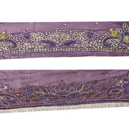Sanskriti Vintage 1 Yard 3.5"W Sari Border Purple Pure Chiffon Hand Beaded Lace