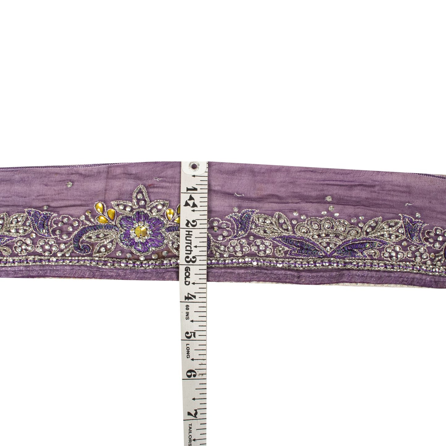 Sanskriti Vintage 1 Yard 3.5"W Sari Border Purple Pure Chiffon Hand Beaded Lace