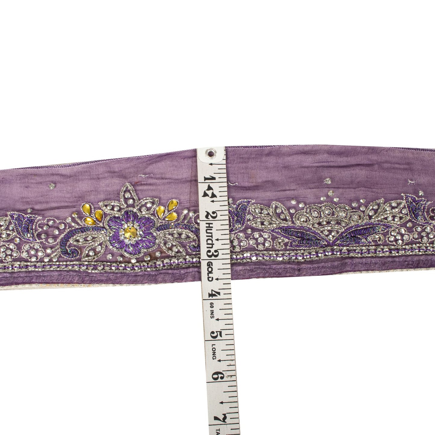 Sanskriti Vintage 1 Yard 3.5"W Sari Border Purple Pure Chiffon Hand Beaded Lace