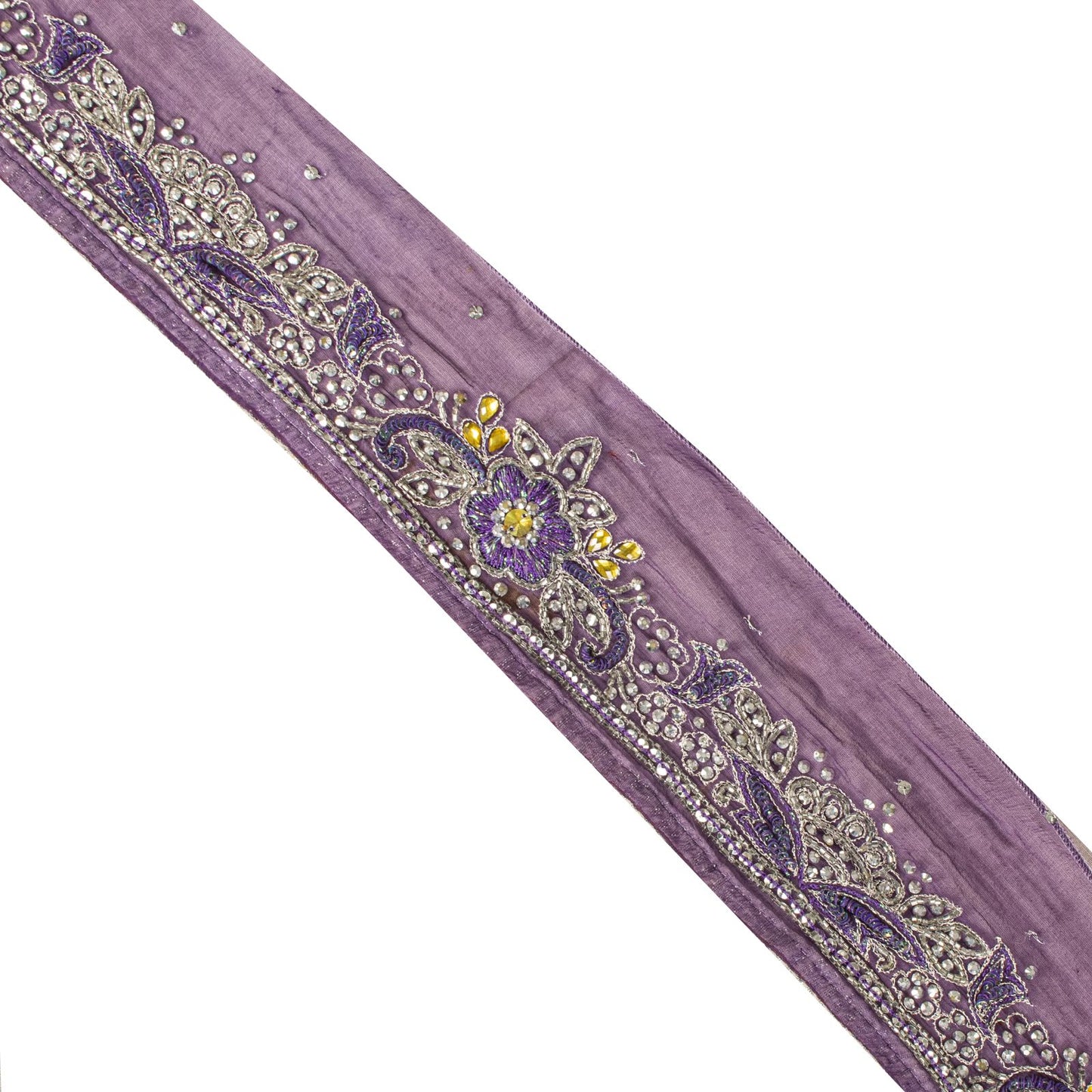 Sanskriti Vintage 1 Yard 3.5"W Sari Border Purple Pure Chiffon Hand Beaded Lace