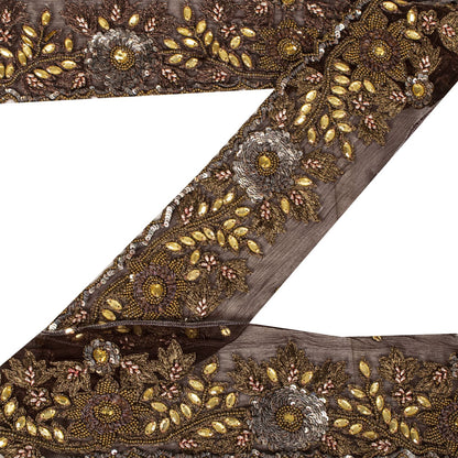 Sanskriti Vintage 1 YD 3.2"W Sari Border Brown Pure Chiffon Hand Bead Craft Lace