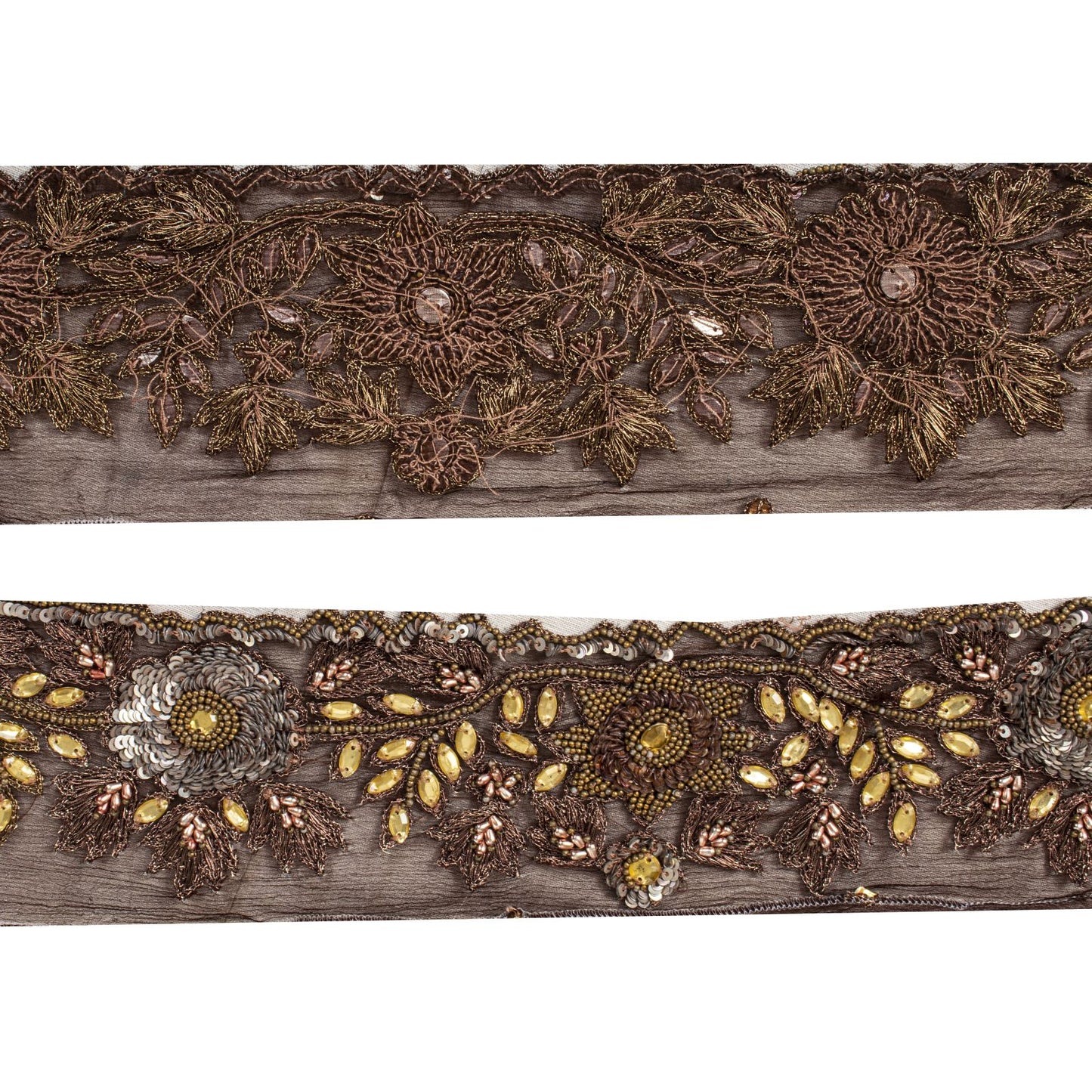 Sanskriti Vintage 1 YD 3.2"W Sari Border Brown Pure Chiffon Hand Bead Craft Lace