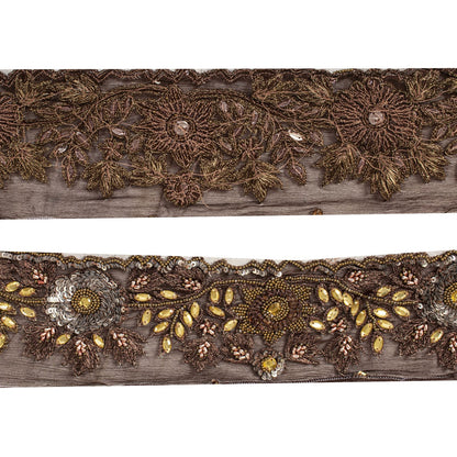Sanskriti Vintage 1 YD 3.2"W Sari Border Brown Pure Chiffon Hand Bead Craft Lace