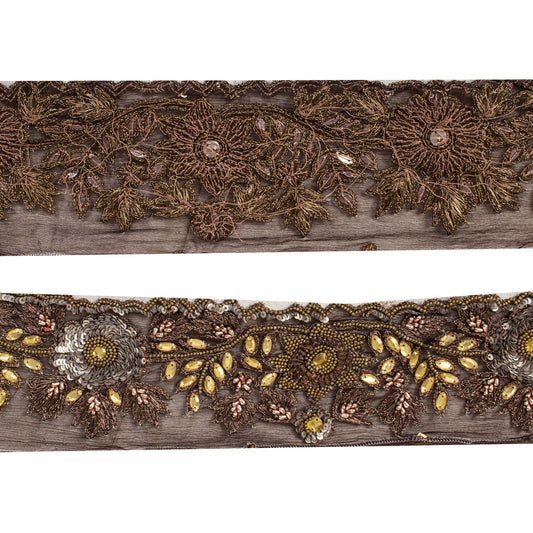 Sanskriti Vintage 1 YD 3.2"W Sari Border Brown Pure Chiffon Hand Bead Craft Lace