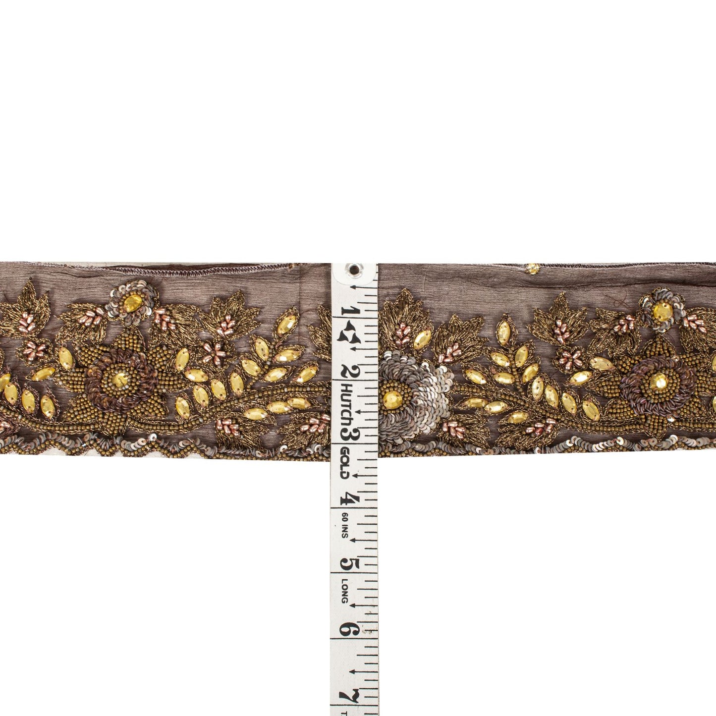 Sanskriti Vintage 1 YD 3.2"W Sari Border Brown Pure Chiffon Hand Bead Craft Lace