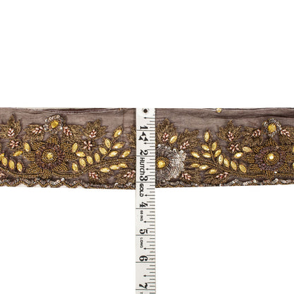Sanskriti Vintage 1 YD 3.2"W Sari Border Brown Pure Chiffon Hand Bead Craft Lace
