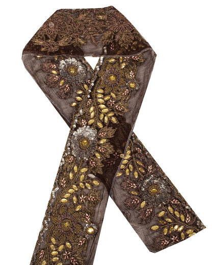 Sanskriti Vintage 1 YD 3.2"W Sari Border Brown Pure Chiffon Hand Bead Craft Lace