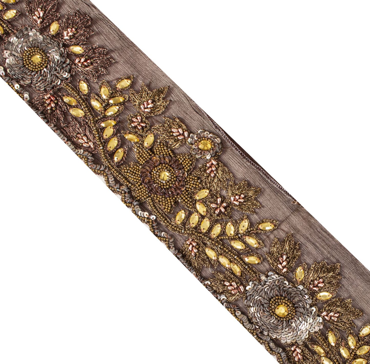 Sanskriti Vintage 1 YD 3.2"W Sari Border Brown Pure Chiffon Hand Bead Craft Lace