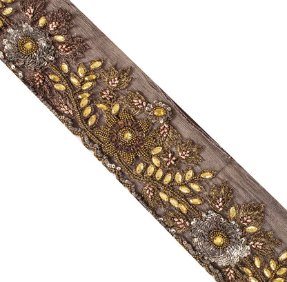 Sanskriti Vintage 1 YD 3.2"W Sari Border Brown Pure Chiffon Hand Bead Craft Lace