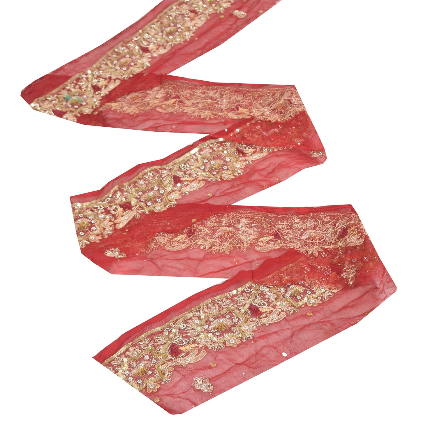 SANSKRITI VINTAGE SAREE BORDER HAND BEADED 1 YDTRIMS SEQUINS LACE 3'W MAROON