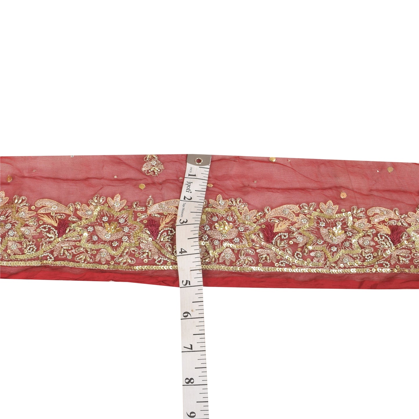 SANSKRITI VINTAGE SAREE BORDER HAND BEADED 1 YDTRIMS SEQUINS LACE 3'W MAROON