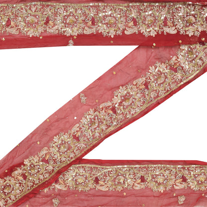 SANSKRITI VINTAGE SAREE BORDER HAND BEADED 1 YDTRIMS SEQUINS LACE 3'W MAROON