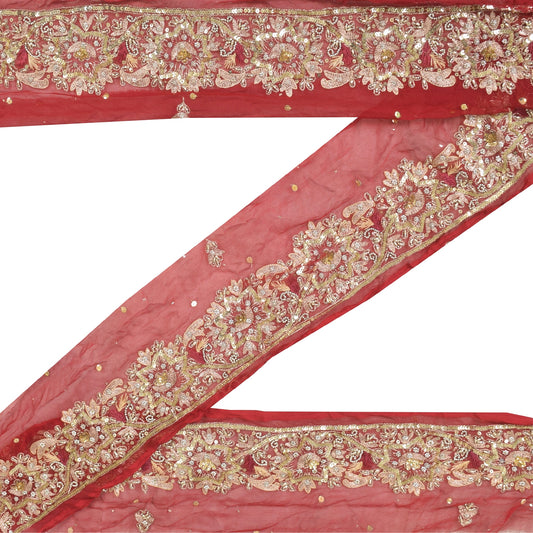 SANSKRITI VINTAGE SAREE BORDER HAND BEADED 1 YDTRIMS SEQUINS LACE 3'W MAROON