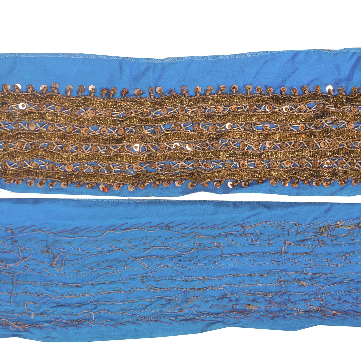 SANSKRITI VINTAGE SAREE BORDER HAND BEADED 1YD GOTA WORK TRIMS LACE 2.5'W BLUE