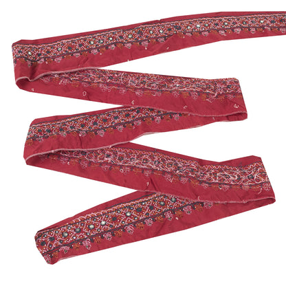 Sanskriti Vintage Sari Border Hand Bead Craft Trims Lace 1YD Indian Maroon 2.6W