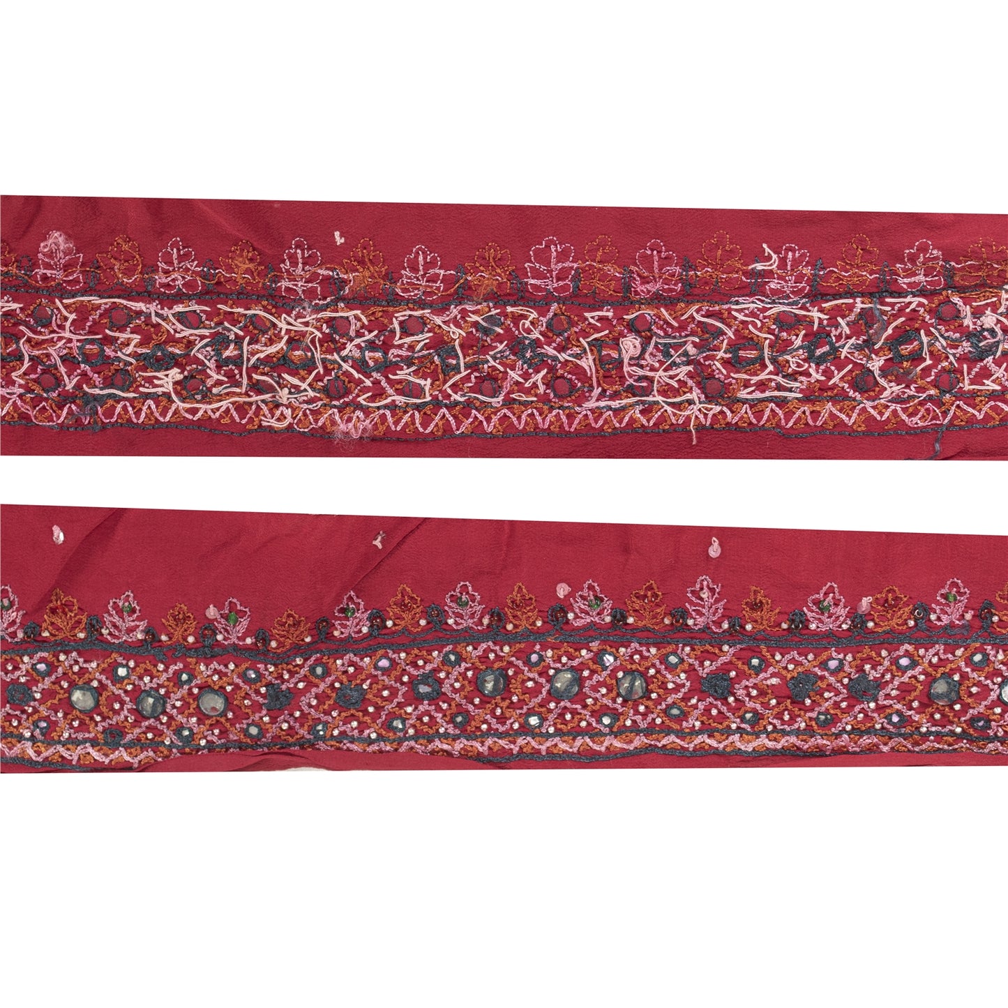 Sanskriti Vintage Sari Border Hand Bead Craft Trims Lace 1YD Indian Maroon 2.6W