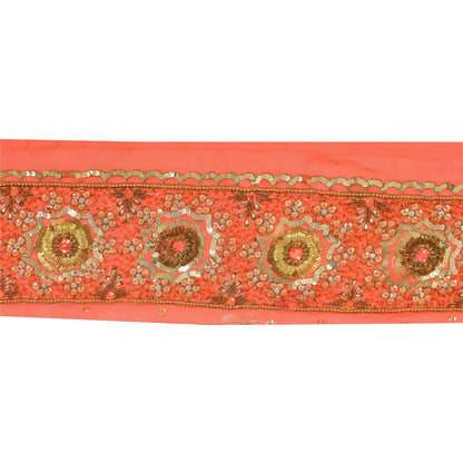 SANSKRITI VINTAGE SARI BORDER HAND BEADED CRAFT 1YD TRIMS FLORAL LACE 4'W PEACH