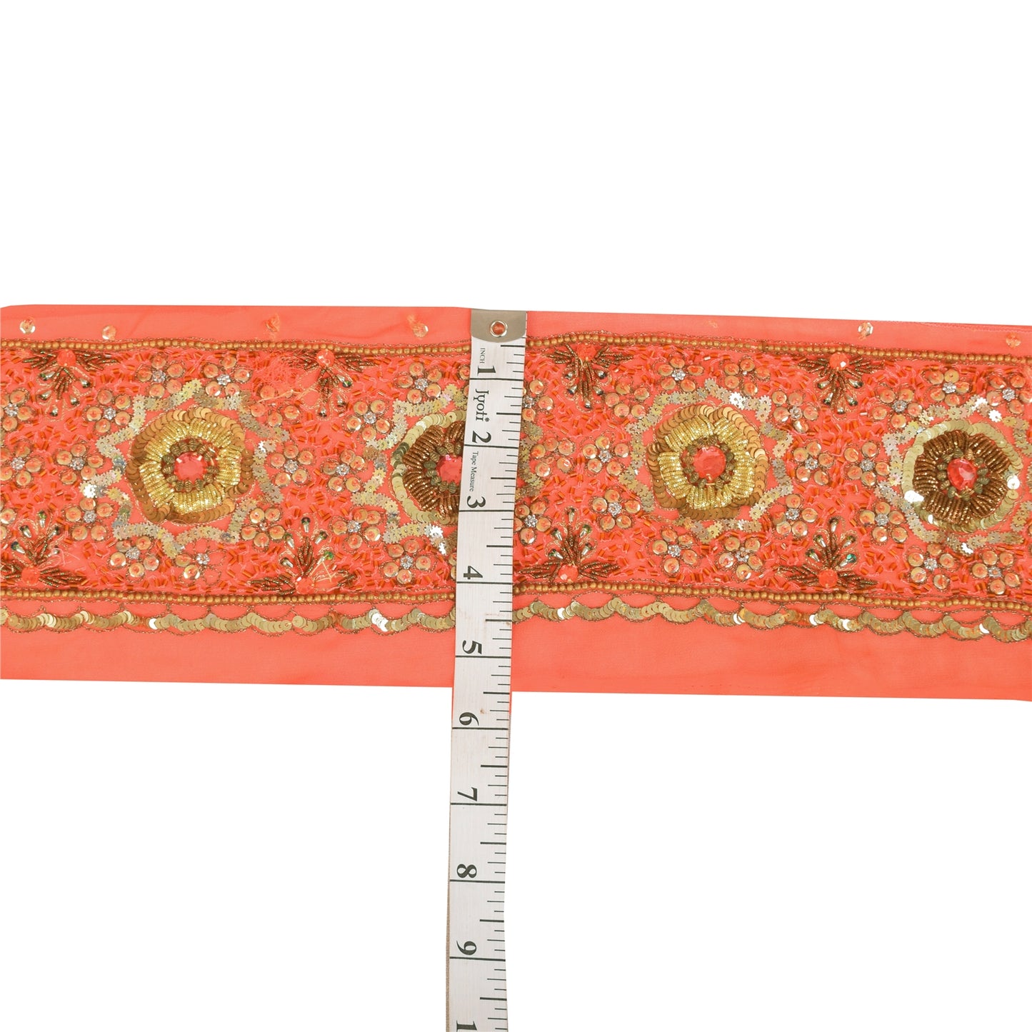 SANSKRITI VINTAGE SARI BORDER HAND BEADED CRAFT 1YD TRIMS FLORAL LACE 4'W PEACH