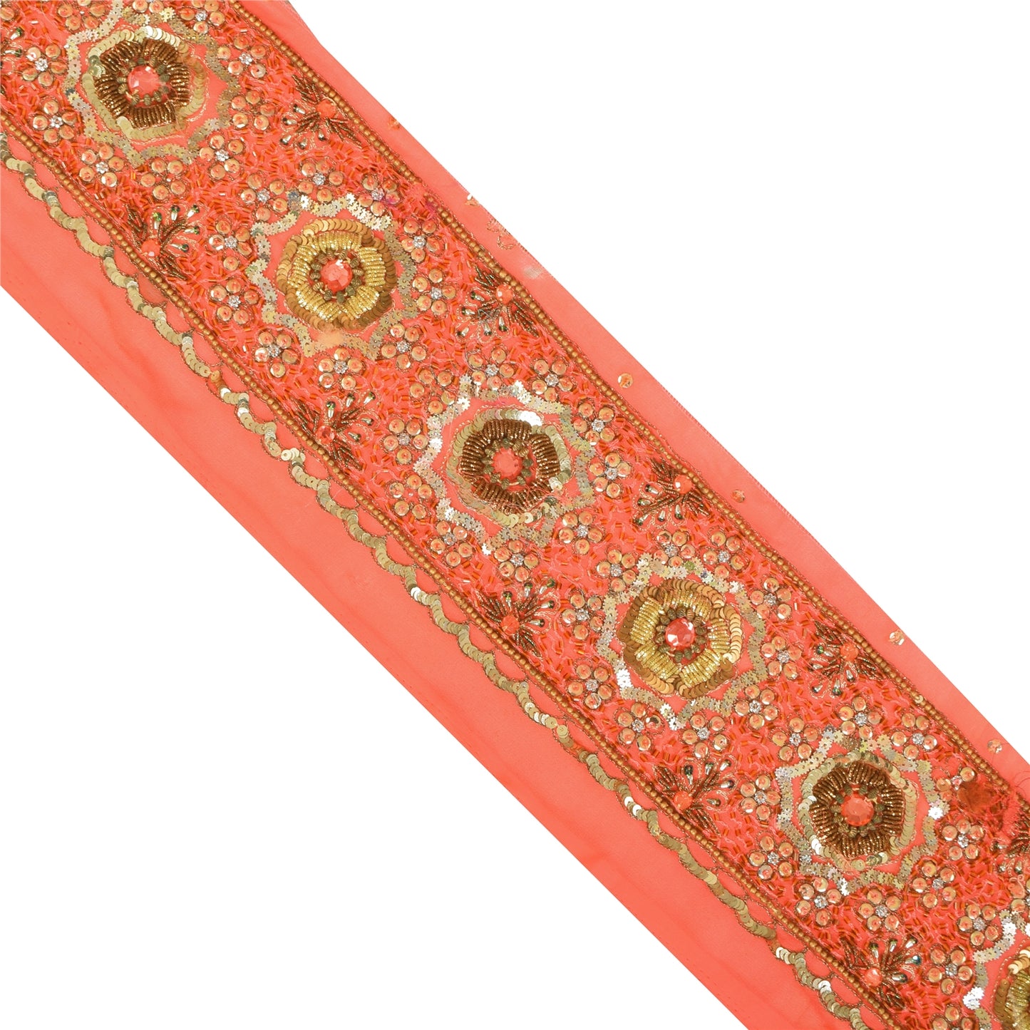 SANSKRITI VINTAGE SARI BORDER HAND BEADED CRAFT 1YD TRIMS FLORAL LACE 4'W PEACH